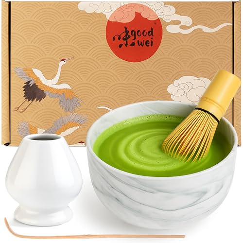 Matcha Teservis med modern Matcha-skål Chawan, Visphållare och Bambuvisp (80, Gurei)