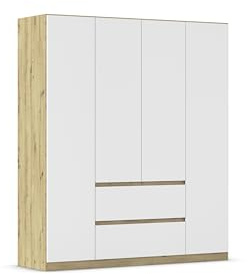 Rauch Möbel Mainz, Kleiderschrank, Farbe Weiß/Eiche Artisan, Breite 181 cm | Schrank, Kinderkleiderschrank, 4-türig, Push-to-open, für Schlafzimmer, Kinderzimmer, Babyzimmer, Garderobe