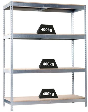 PROREGAL Weitspannregal Wood Yeti Four | HxBxT 200x150x60cm | Fachlast 400kg | Verzinkt Schwerlastregal Metallregal Kellerregal Werkstattregal Lagerregal