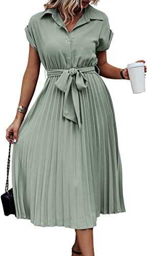 ASOMI Sommerkleid Damen Hemdkleid Kurzarm: Elegant Kurzarm Strandkleid Büro Wickelkleid Mode Tasche Hemdblusenkleid Lässig Blusenkleid Midikleid Knopf Plisseekleid V-Ausschnitt Gürtel B-Lichtgrün S