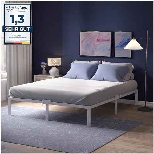 Dreamzie 140x200 sängram med vit metallbas - 140x200 bas med fötter - höjd 41 cm - tålig, enkel montering, stor lagringskapacitet