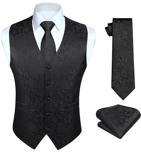 HISDERN Chaleco Traje Hombre Negro Boda Chaleco y Corbata y Pañuelo de Jacquard Floral Chalecos Hombre Vestir Elegantes Formal Fiesta L