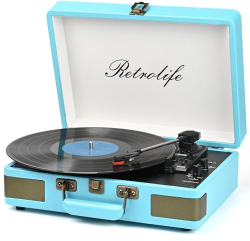 Record Player 3 Speed Bluetooth Portable Suitcase Vinyl Player with Built-in Speakers Turntable Enhanced Audio Sound PU Leather Vintage