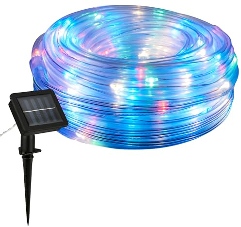 BRILONER – RGB LED Strip Solar 10 Meter, Buntes Licht, Spitzwassergeschützte Solar Lichterkette Aussen, LED Streifen mit 2 Lichtmodi, Schlauch Outdoor, Band, Transparent, Klar