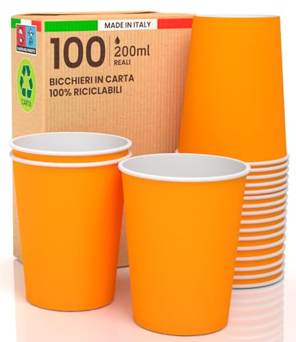 100 vasos de papel de 200 ml, ecológicos, biodegradables, desechables, fabricados en Italia, para llevar bebidas calientes, agua de colores naranja, fabricados y envasados en Italia