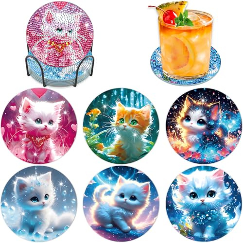 Lxmsja 6 STK Diamond Painting Untersetzer mit Halter, Diamond Art Untersetzer Katze, Diamant Painting Bilder Erwachsene Kinder, Diamant Tassenuntersetzer mit Kork, Basteln Erwachsene Frauen