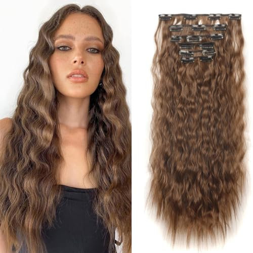 aikaa Clip in Extensions, 6PCS 60 cm Haarverlängerungen mit Clips Synthetik Gewellte Haarextension Wavy Haar, Haarteil für Frauen (#2M30-Copper Chestnut Brown)