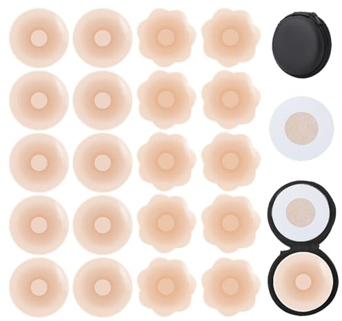 15 Paires Cache-Tétons en Silicone - Set Rond, Fleuri et Jetable avec Boîte de Rangement - Couvre Seins Mamelons Etanches