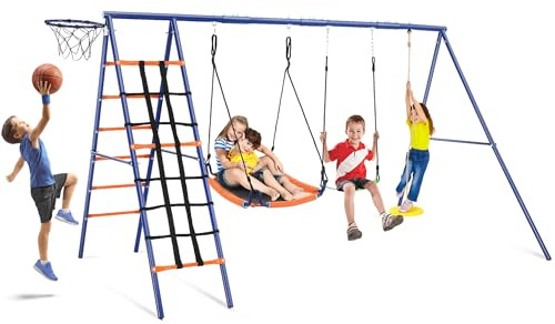 Swing Sets for Backyard, 550lbs Swing Set with Heavy-Duty A-Frame Metal Stand, 6 in 1 Outdoor Swingset Playset for Kids Aged 3-12 with 3 Adjustable Swings, Basketball Hoop, Climbing Ladder and Nets
