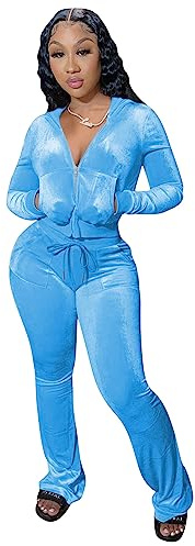 yidengymx Womens 2 Piece Velour Tracksuit Two Piece Outfits for Women Long Sleeve Zip Up Crop Tops Sweatpants Sets Pockets, Hoodie/Wide Leg Pants-blue, 3XL