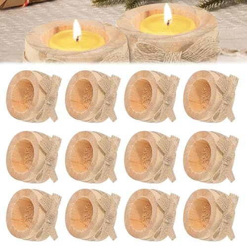 Teelichthalter Holz 12 Stück 6x2.5cm Holz Votivkerzenhalter, Natur Kerzenhalter Holz Rund Votiv-Teelichthalter für Hochzeiten, Tischdekoration für Halloween Weihnachten Geburtstage