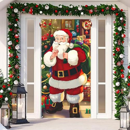KATIMI Christmas Door Decorations, Christmas Door Cover with Bell, Polyester Front Door Christmas Decorations, Hanging Santa Claus Outdoor for Home Front Door New Year Xmas Decorations