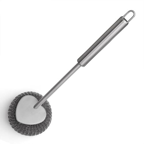 Steel Wool Pad With Handle - Scourers For Kitchen | Metal Wire Scrub Brush | Steel Wool Scrubber With Long Handle | Reusable Scouring Pad Stainless Steel Brush For Sink Tiles Pans Pots