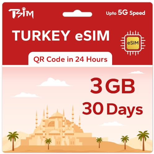 TSIM Prepaid Türkei eSIM für Reisen | 30 Tage 3GB 5G Geschwindigkeit | Hotspot erlaubt | eSIM QR-Code per E-Mail innerhalb von 24 Stunden nach Versand gesendet | QR-Code scannen und sofort verwenden |