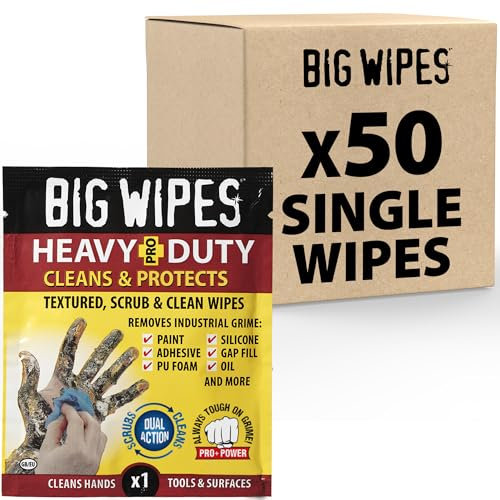 Big Wipes Heavy Duty Pro+ Toallitas de mano x50 sobres individuales | Elimina pintura, aceite, espuma de poliuretano y adhesivos. Enriquecidas con aloe vera y vitamina E, toallitas comerciales de