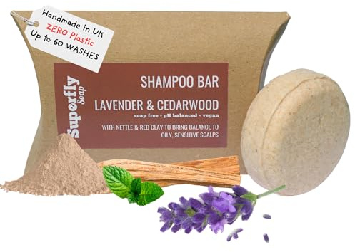 Solid Shampoo Bar for Hair UK Made - Lavender and Cedarwood Scented Shampoo for Greasy Hair. SLS & Soap Free. 99% natural. Plastic free and vegan. Handmade Eco Shampoo Bar.