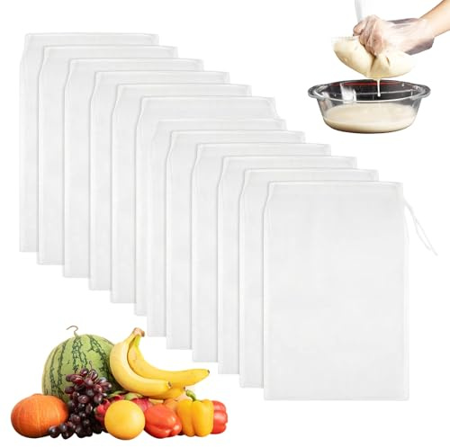 12 Stück Nussmilchbeutel Passiertuch Wiederverwendbar 20×30 cm Feingewebt Passiertuch Nylon Filterbeutel Käsetuch Cheesecloth, Geeignet für Nussmilch Käse Kaffee Joghurt Fruchtsaft Gemüsesaft