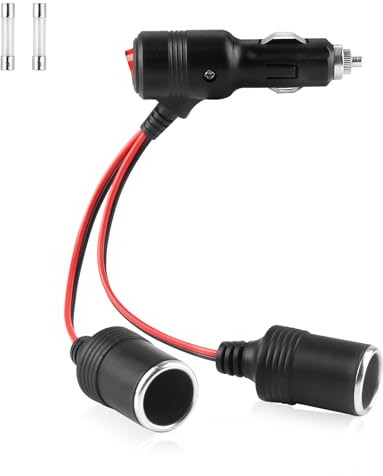 Xmart 12V Cable de Extensión Para Mechero de Coche 1 a 2 Enchufe Mechero Coche con interruptor y Dos Fusibles Conector Mechero Coche Para Coches, Camiones, Autocaravanas