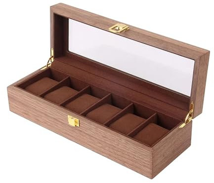 Uhrenbox 6 Slots Holz Uhr Display Box Fall Glas Top Locking Lagerung Organizer Uhr Organizer Display Halter Boxen for Männer Frauen Uhrenkoffer(BROWN02)