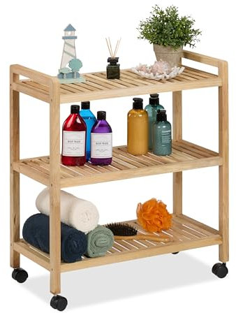 Relaxdays Badregal, Holz, HxBxT: 72 x 65 x 31 cm, Holzregal mit Rollen, 3 Ablagen, Regal für Badezimmer & Küche, Natur
