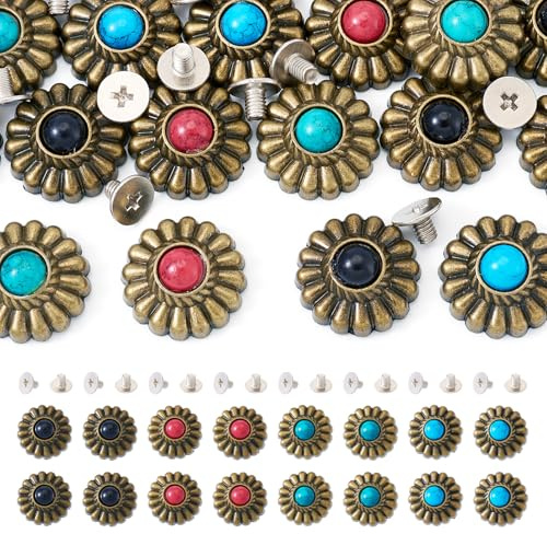 PandaHall 16 Sets Screw Back Rivets Leather Rivets Flower Garment Buttons Tibetan Style Decoration Stud Rivets for Purse Handbag Shoes Leather Craft Clothes Belt