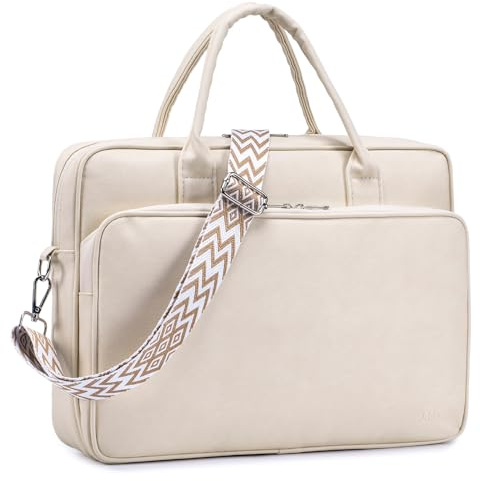 SUCIKORIO Leather Laptop Bag for Women 14 Inch, Waterproof Work Bags Ladies Briefcase Laptop Case Elegant Messenger Bag Women Fashion Computer Shoulder Bags with Adjustable Shoulder Strap, Apricot