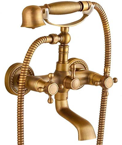CAFIEDR Antique Brass Shower System Wall Mount Two Handles Bathtub Faucet with Hand Shower