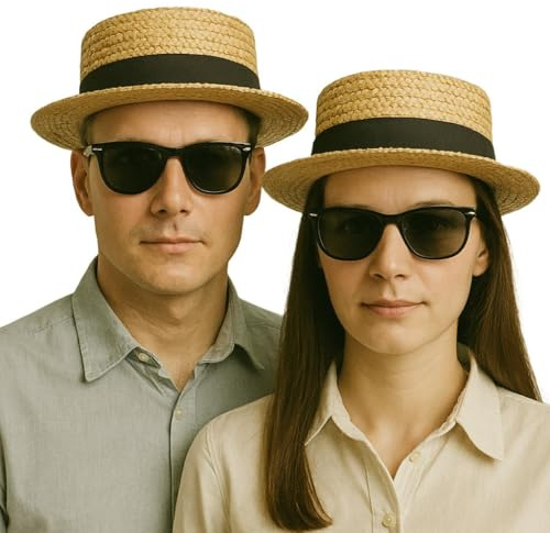 Classic Straw Boater Hat Set for Couples – 2-Piece Vintage Skimmer Hat with Ribbon Band – Matching Retro Hats for Men & Women – Fancy Dress & Summer Events Beige