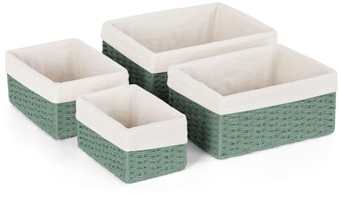 Aevcvok 4 Stück Aufbewahrungskorb mit Futter,Körbchen Handgewebt Korb Aufbewahrung Papierseil Boho-Decor Körbchen,Aufbewahrungsbox Klein Geflochten für Badezimmer, Make-up,Tischplatten,Schrank（Grün)
