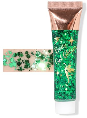 Grün Glitzer Gesicht, Body Glitter Gel, Chunky Sequins Body Lotion Glitzer Flüssiger Lidschatten, Meerjungfrau Pailletten Funkelnde Festival Köperglitzer für Augen Lippen Haare Nägel Make Up Kosmetik