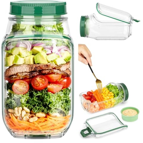 VIVIZEN Salad Pod Mason Jar Side Open - With Leakproof Dressing Container, Lid-to-Bowl Design, Reusable Salad Jar with Side Opening & Salad Container for Lunch & Meal Prep (7.5x3.9x3.5 1PCS)