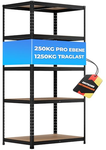 ALL Premium Schwerlastregal 180x90x60 cm Schwarz 1250kg Traglast – stabiles Regal 90 cm breit & Schwerlastregal 60 cm tief, Regal 60 cm tief geeignet als kellerregal 60 tief, lagerregal 60cm tief