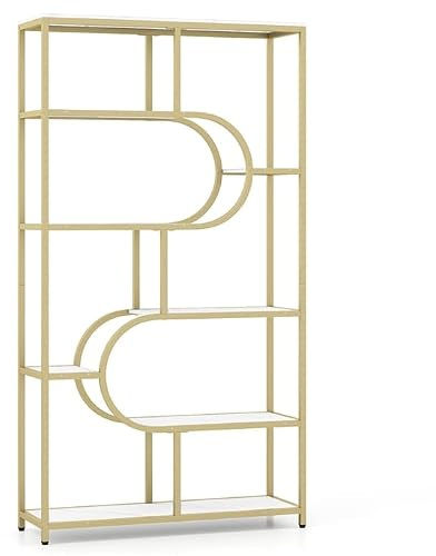 COSTWAY 5-stöckiges Bücherregal, Standregal mit offenen Regalen, Display Regal mit Metallrahmen, Geometrisches Aufbewahrungsregal freistehend für Wohnzimmer und Home-Office (Weiß und Gold,U Form)