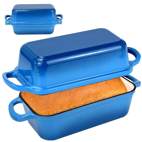 XJGQZ 2-in-1 Cast Iron Bread Pan, Rectangular Loaf Pan with Lid, Blue | Standard 9x5 Inch Size; Versatile Lid as Second Surface; Superior Heat Retention; Perfect for Golden Crispy Sourdough Crusts