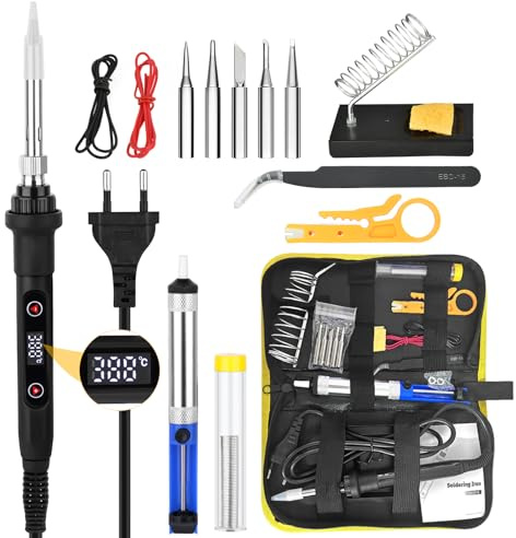 Xjahwr Iron Set 80 W LCD Adjustable Temperature 180-520 °C Soldering Iron,50 g Soldering Wire、5 Soldering Tips，Soldering Iron Stand, Tweezers, Soldering Set for Electrical Work