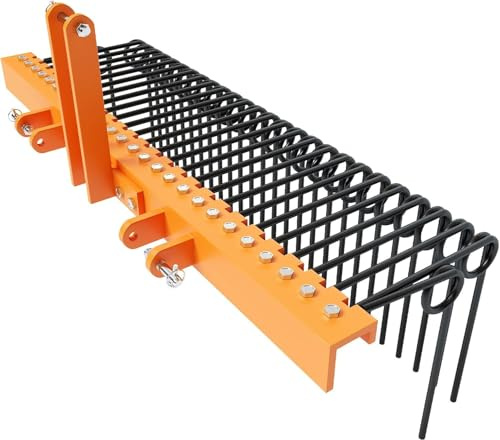 RBFGYIOP Rastrello trainabile per paglia di pino 152 cm – 26 denti a molla in acciaio resistente verniciato a polvere – Attacco a 3 punti per trattori Cat0/Cat1 – Perfetto per foglie ed erba – Giallo