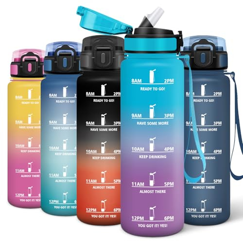 Motswedi Borracce 1 Litro, Motivazionale Borraccia Sportiva, con Time Marker, Riutilizzabile Bottiglia, d'acqua Palestra con Cannuccia, per Fitness, Palestra e Escursionismo, Blu & Lila