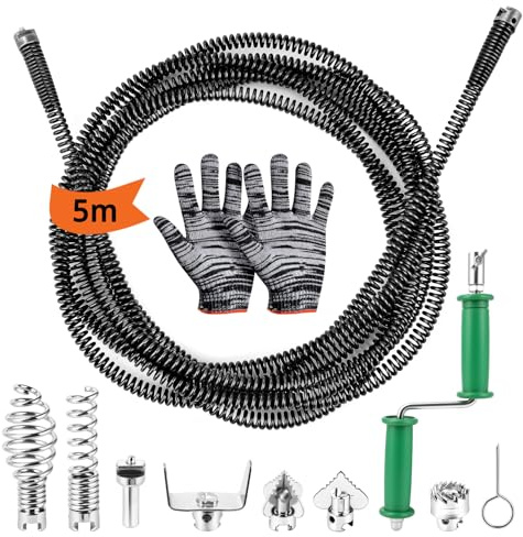 Espiral para limpieza de tuberías de 5 m, con 7 cabezales de corte, desatascador en espiral de acero para muelles (Ø7 mm) con adaptador manual, eje de limpieza de tuberías para cocina, baño y lavabo