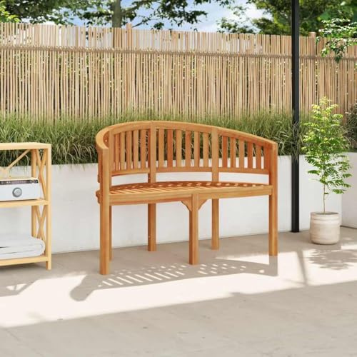 Fangravortex Bananenbank aus massivem Teakholz 120 cm, 2-Sitzer Gartenbank mit Rückenlehne und Armlehne, wetterfeste Holzbank für Terrasse, Balkon, Veranda, langlebige Outdoor Sitzbank