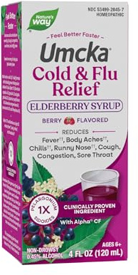 Nature's Way Umcka Cold & Flu Relief Elderberry Syrup, Non-Drowsy Homeopathic Cold and Flu* Relief for Sore Throat, Cough, Congestion, Fever*, Body Aches*, Berry Flavored, 4 Fl Oz (Packaging May Vary)