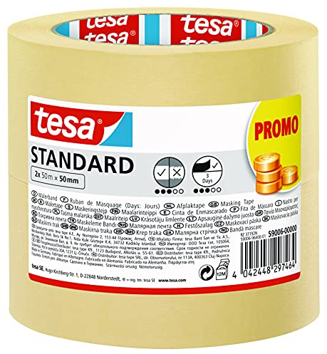 tesa Nastro per Mascheratura Standard - Nastro in Carta per Mascheratura, Rimozione senza Residui per 3 Giorni, senza Solventi, 2x 50 m x 50 mm