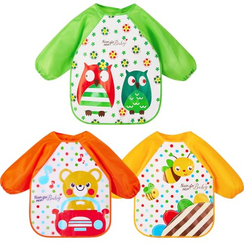 lictin 3 PCS Ärmellätzchen EVA Wasserdicht Unisex Langarm Lätzchen für Babys 6 Monate Bis 3 Jahre Kinder kleinen (Motiv Bär, Biene, Eule)