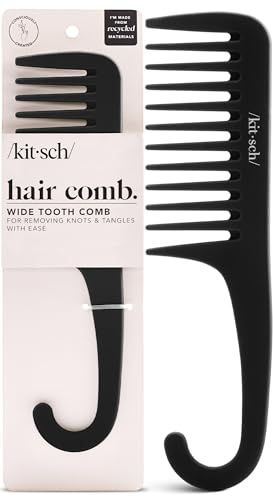 Kitsch Wide Tooth Detangler Comb - Curved Handle for Curly, Wet & Thick Hair, Black Shower Comb for Women