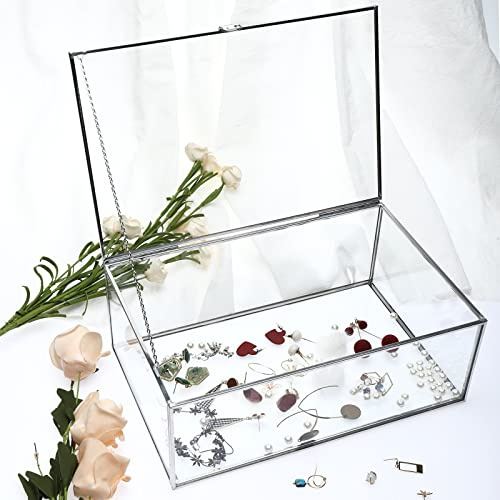 Homtone Boîte vintage argentée avec couvercle en verre, organiseur décoratif pour bijoux, souvenirs, boîte rectangulaire transparente, organiseur doré pour mariage, fête d'anniversaire (grande taille)
