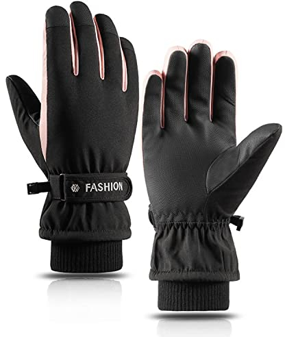 Handschuhe Winter für Damen Mädchen skihandschuhe Winterhandschuhe Wasserdichte PU Palme Warm Fahrradhandschuhe Winddichte Thermohandschuhe Sports Laufen Radfahren (Schwarz/rosa, Universal size-M/L)
