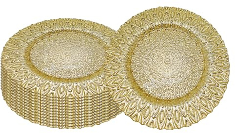 Trimming Shop Charger Plate Gold with Peacock Design, 12pcs | 33cm (13 Inch) Decorative Dinner Chargers for Table Setting, Wedding, Party, Home & Event Décor, Dinner Table Decoration
