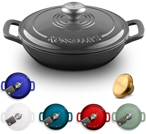 ROSSALLINI Signature Enameled Cast Iron Braiser, Non-Stick Serving Pot with Tight Fitting Lid for Perfect Roasting, Baking, Sauteing, Searing, and Pan Frying | 3.5Q (3.3L) - Oyster Grey