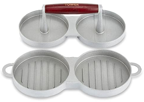 Tower T932010 Outdoor Living - Prensa Doble para Hamburguesas con Mango de Madera, Antiadherente, Acero Inoxidable