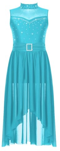 Alvivi Mädchen Lyrisch Tanzkleid Glitzer Ballettkleid Eiskunstlauf Kleid mit Rock Latein Ballerina Kleid Modern Contemporary Jazz Tanzkleidung Türkis 170-176