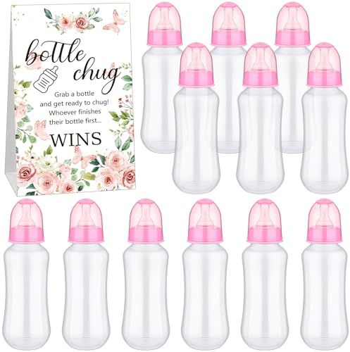 TrelaCo Cool Baby Shower Games Sets 12 Pcs Bottles with 1 Bottle Chug Sign for Gender Reveal Baby Shower Party Favors Decoration Games(Floral,Pink)